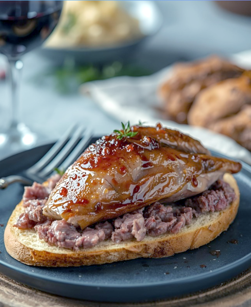 Suprême de pigeon rôti Cuisses farcies au foie gras Mousseline de betterave Tratines gourmandes
