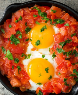 Shakshuka, un plat méditerranéen et moyen-oriental à base d’œufs pochés dans une sauce tomate épicée