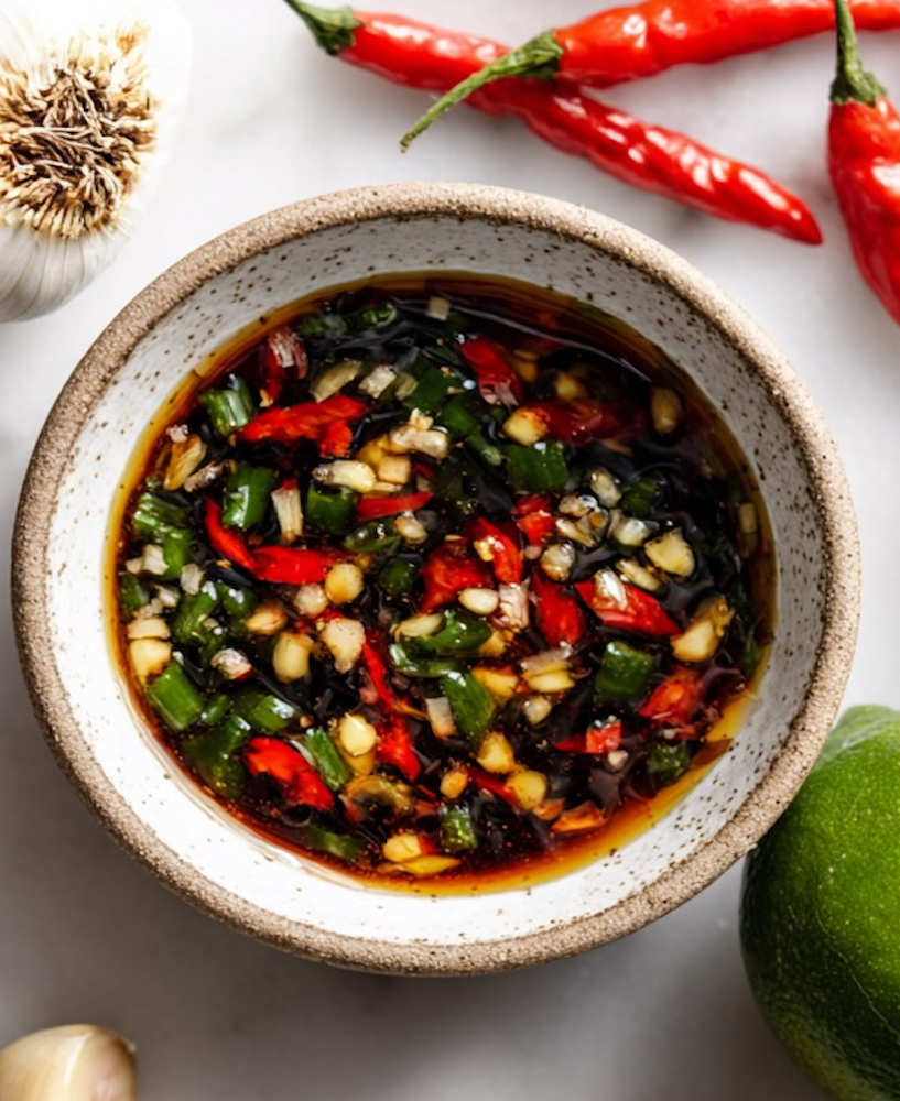 Sauce Padaek pour Tam Mak Houng Sauce umami fermentée et explosive. Kapi fermenté, citron vert, piments et sucre de palme