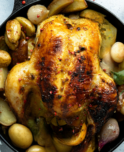 Poulet à la Toulousaine : poulet farci à la saucisse, olives et ail, rôti au four, plat du Sud-Ouest généreux et parfumé.