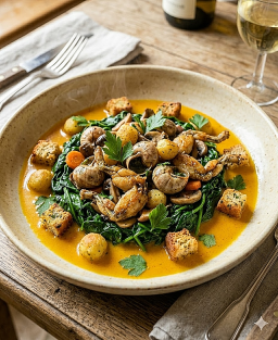 Potilhou d’escargots et grenouilles, émulsion safranée