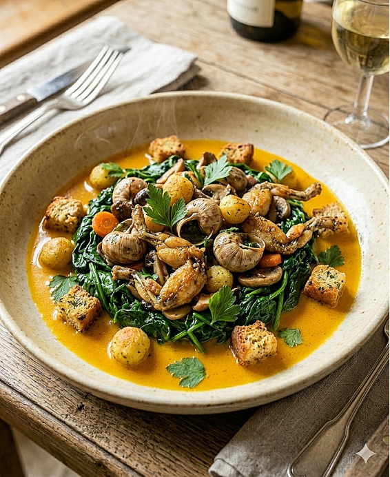 Potilhou d’escargots et grenouilles, émulsion safranée