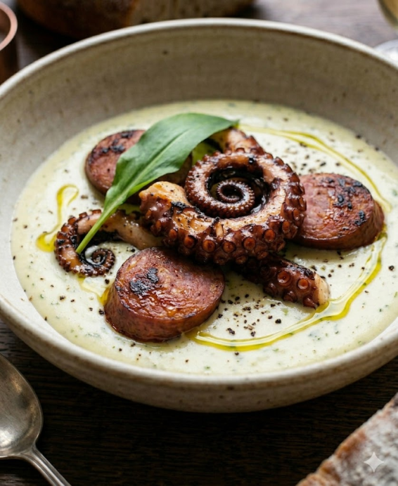 Saucisse de Morteau, poulpe cuit, crème de Comté à l'ail des ours