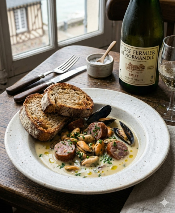 Andouille de Vire, moules de la Baie du Mont-Saint-Michel, beurre blanc au cidre et à l'estragon