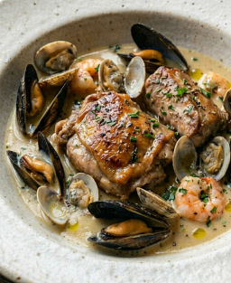 Lapin chasseur aux palourdes et aux moules — conill amb cloïsses i musclos