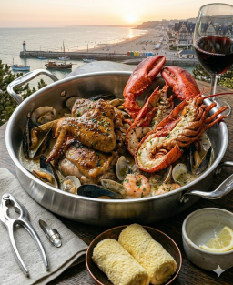 Homard Wings — ailes de volaille laquées au corail de homard, pinces confites, jus réduit aux herbes