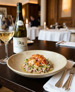 Homard bleu en gelée de gyokuro, ceviche de veau de lait au yuzu