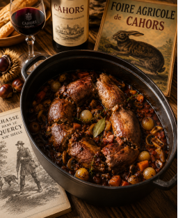 La recette historique du Lièvre en cabessal du Quercy, marinée à l'Armagnac et farcie en couronne