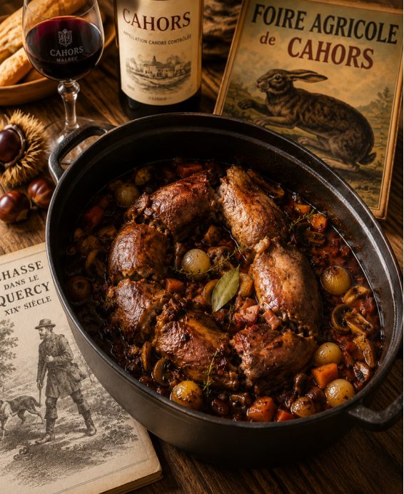 La recette historique du Lièvre en cabessal du Quercy, marinée à l'Armagnac et farcie en couronne