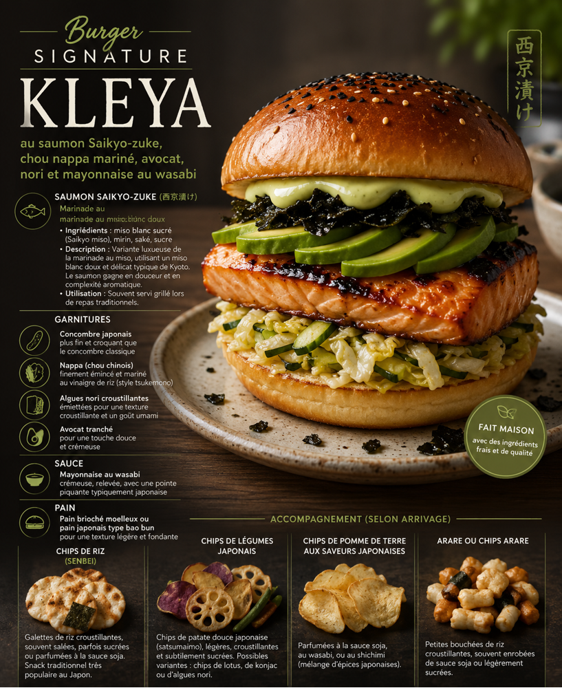 Burger Signature Kleya au saumon Saikyo-zuke, chou nappa mariné, avocat, nori et mayonnaise au wasabi