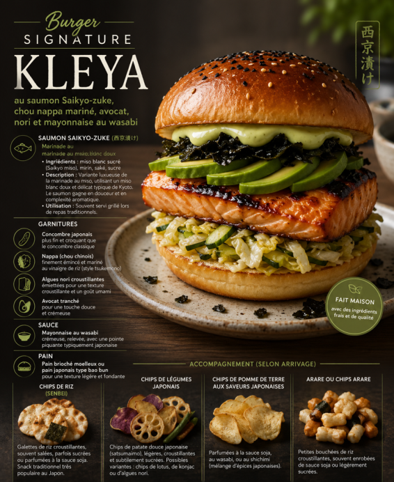 Burger Signature Kleya au saumon Saikyo-zuke, chou nappa mariné, avocat, nori et mayonnaise au wasabi