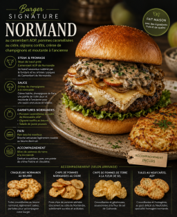 Burger Signature Normand : Camembert Fondu, Pommes au Cidre et Sauce aux Champignons