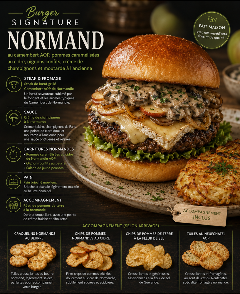Burger Signature Normand : Camembert Fondu, Pommes au Cidre et Sauce aux Champignons