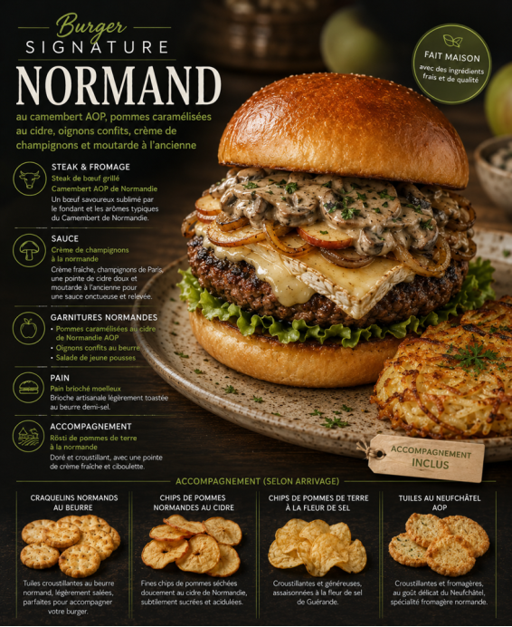 Burger Signature Normand : Camembert Fondu, Pommes au Cidre et Sauce aux Champignons
