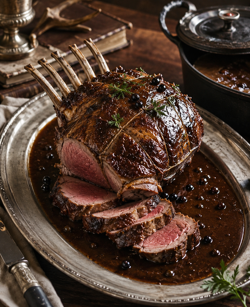 Recette de la selle de chevreuil Grand Veneur, pièce de gibier noble marinée et braisée, sauce liée au sang et au chocolat amer