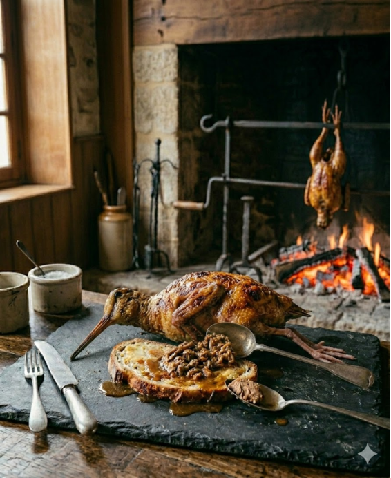 Recette de la bécasse flambée à la ficelle, rôtie sur son trône de feu, non vidée selon la tradition des chasseurs de France