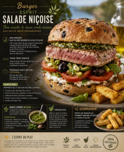 Burger dans l’esprit de la salade niçoise, thon snacké et sa sauce verte maison aux notes méditerranéennes.