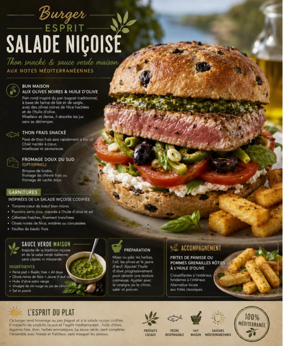 Burger dans l’esprit de la salade niçoise, thon snacké et sa sauce verte maison aux notes méditerranéennes.