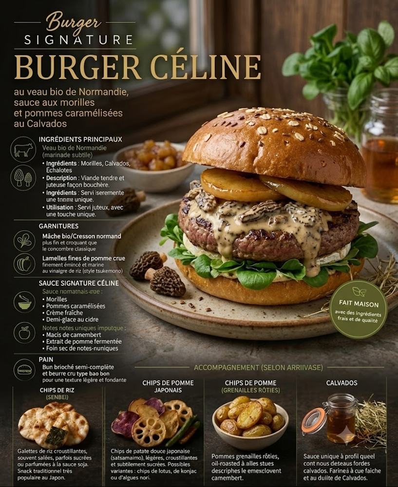 Burger Céline Signature au veau bio de Normandie, sauce aux morilles et pommes caramélisées au Calvados