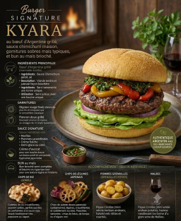 Burger Signature Kyara – Bœuf d’Argentine grillé & sauce chimichurri