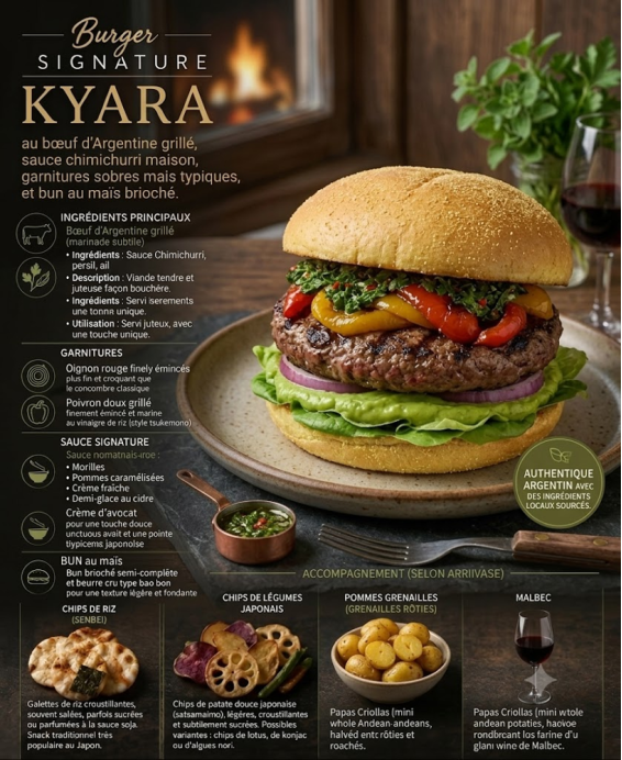 Burger Signature Kyara – Bœuf d’Argentine grillé & sauce chimichurri