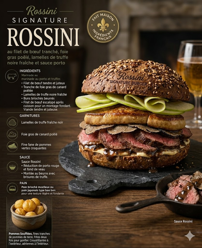Burger Rossini Recette originale créée pour Gioachino Rossini : filet de bœuf, foie gras poêlé, truffes et sauce porto.