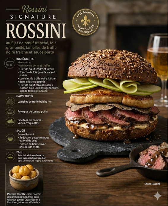 Burger Rossini Recette originale créée pour Gioachino Rossini : filet de bœuf, foie gras poêlé, truffes et sauce porto.