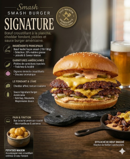 Smash Burger, un burger d’inspiration américaine réputé pour sa viande croustillante à l’extérieur et juteuse à l’intérieur.