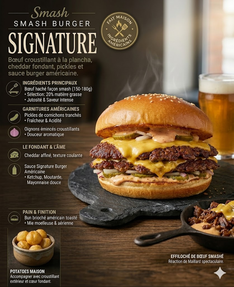 Smash Burger, un burger d’inspiration américaine réputé pour sa viande croustillante à l’extérieur et juteuse à l’intérieur.