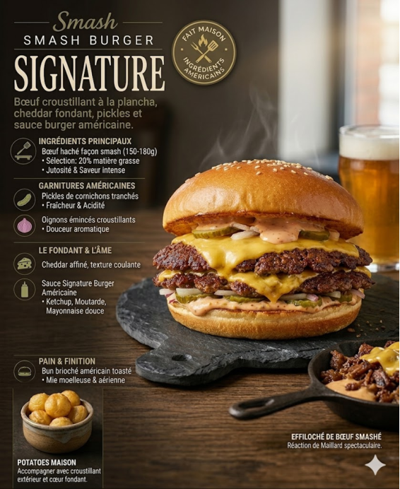 Smash Burger, un burger d’inspiration américaine réputé pour sa viande croustillante à l’extérieur et juteuse à l’intérieur.