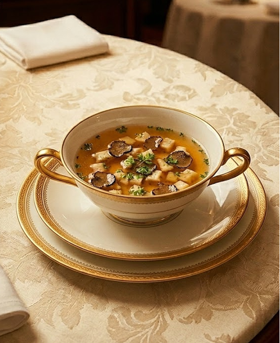 Recette du Consommé Rachel, hommage d'Escoffier à la tragédienne Élisa Rachel Félix, clarifié à la moelle et à la truffe noire