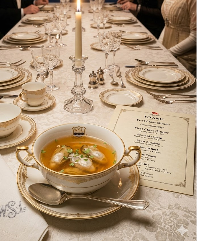 Recette du Consommé Olga, consommé double au vin blanc et huîtres pochées, servi sur le Titanic le 14 avril 1912