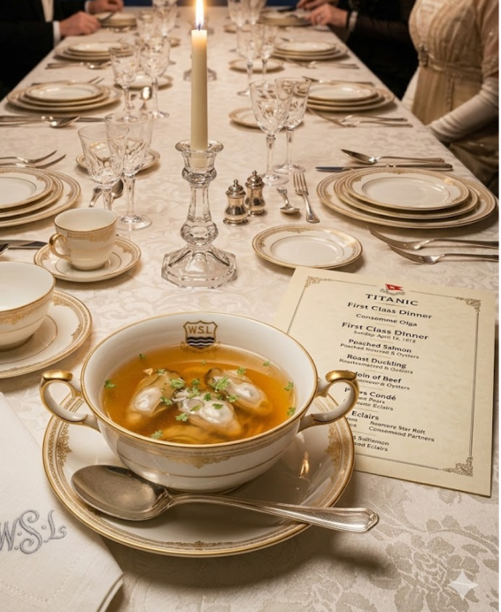 Recette du Consommé Olga, consommé double au vin blanc et huîtres pochées, servi sur le Titanic le 14 avril 1912