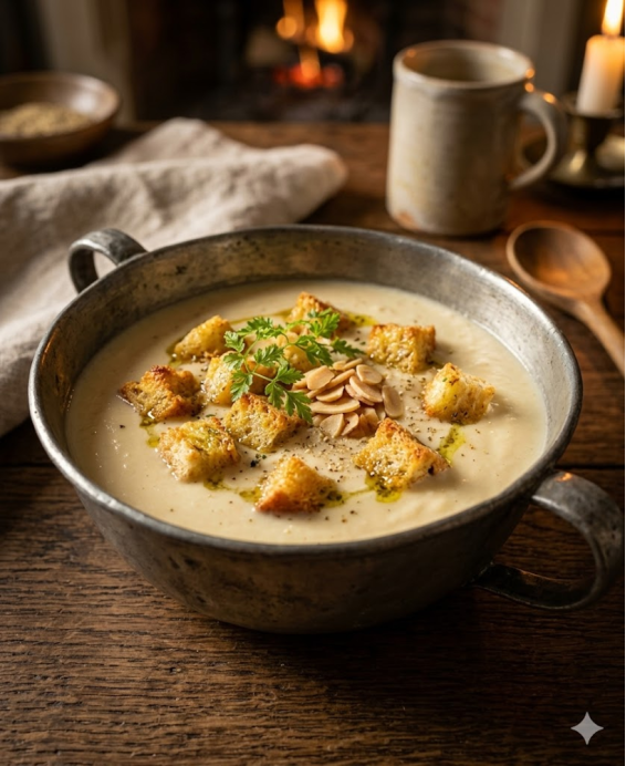 Recette du Potage à la Reine Marguerite de Valois, velouté de volaille au riz et pâte d'amandes, table royale du XVe siècle