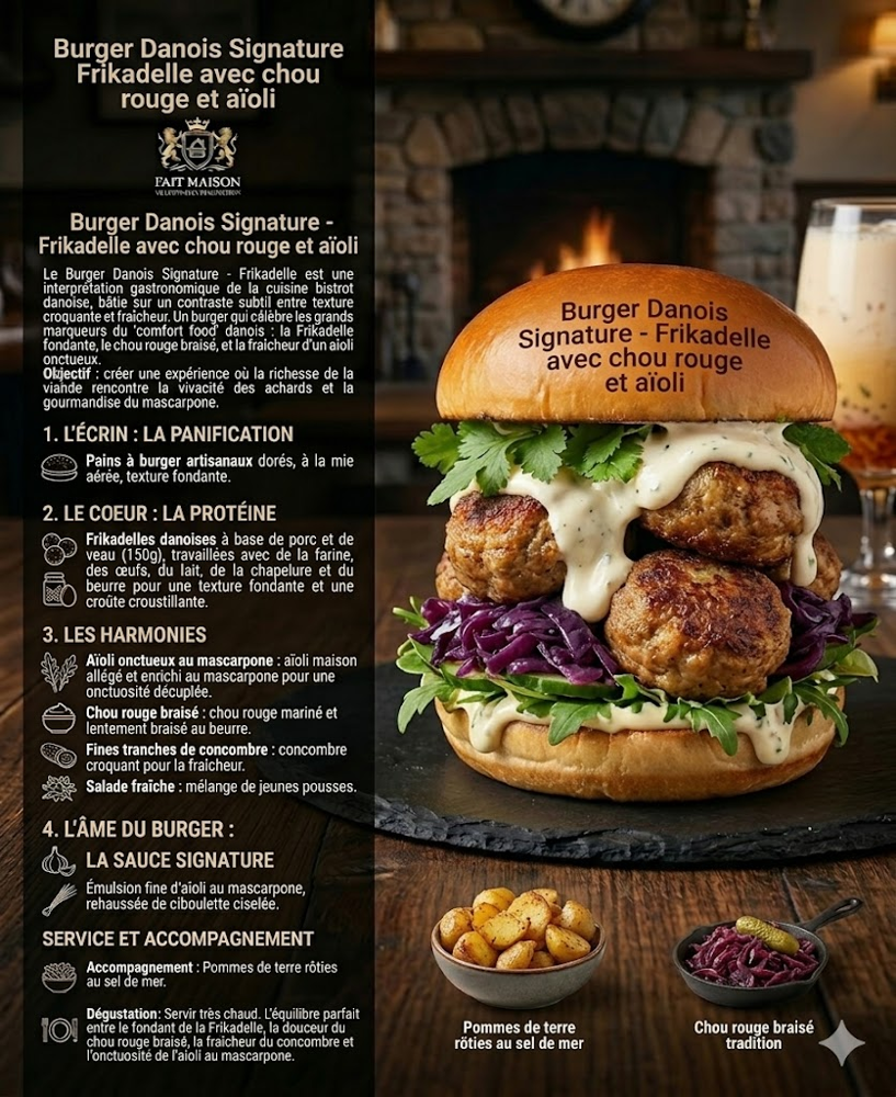 Burger Danois Signature – Frikadelle, Chou Rouge & Aïoli