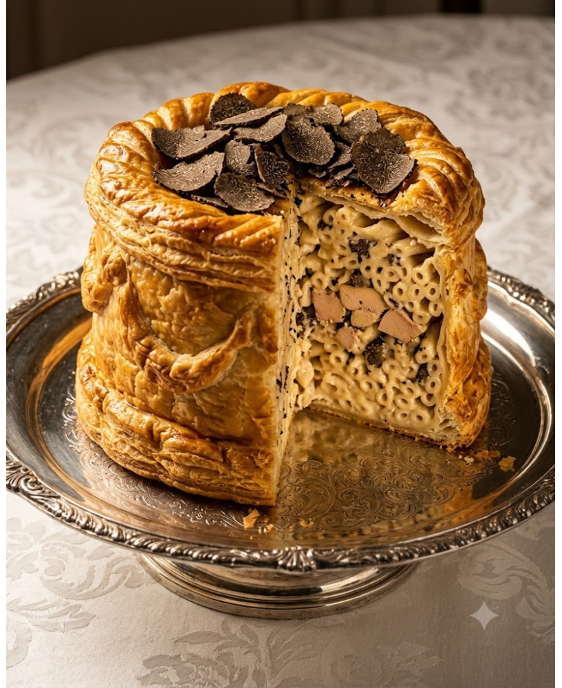 Recette de la Timbale de Macaroni à la Royale selon Antonin Carême — croûte feuilletée, foie gras et truffes noires
