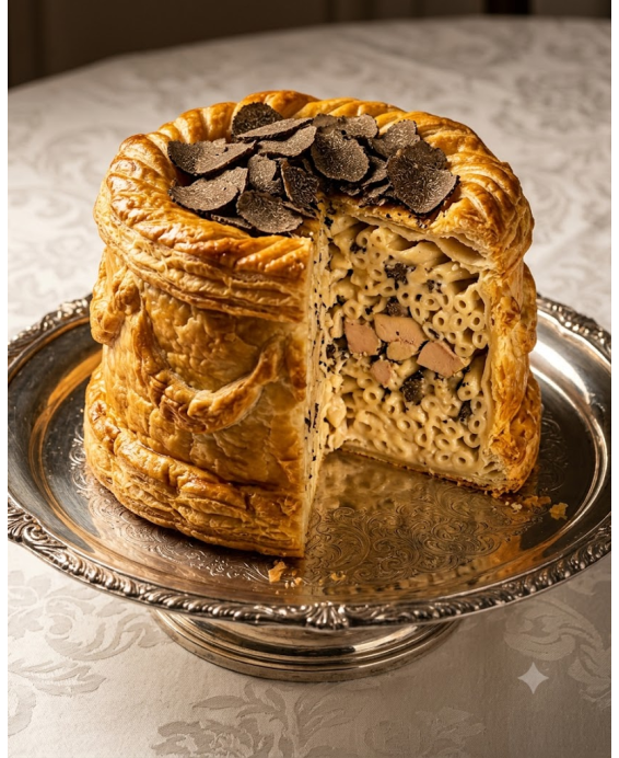 Recette de la Timbale de Macaroni à la Royale selon Antonin Carême — croûte feuilletée, foie gras et truffes noires