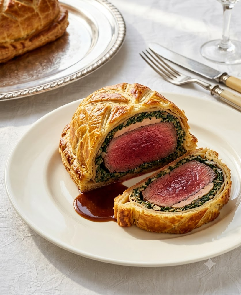 Recette du Bœuf Wellington en croûte feuilletée, filet de bœuf, duxelles de champignons et foie gras