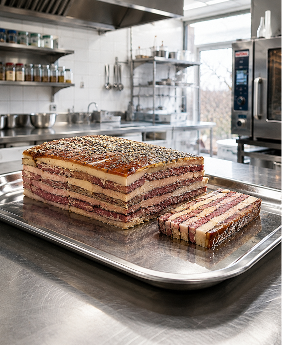 Recette de la Lucullus de Valenciennes, mille-feuille de langue de bœuf fumée et foie gras du Nord