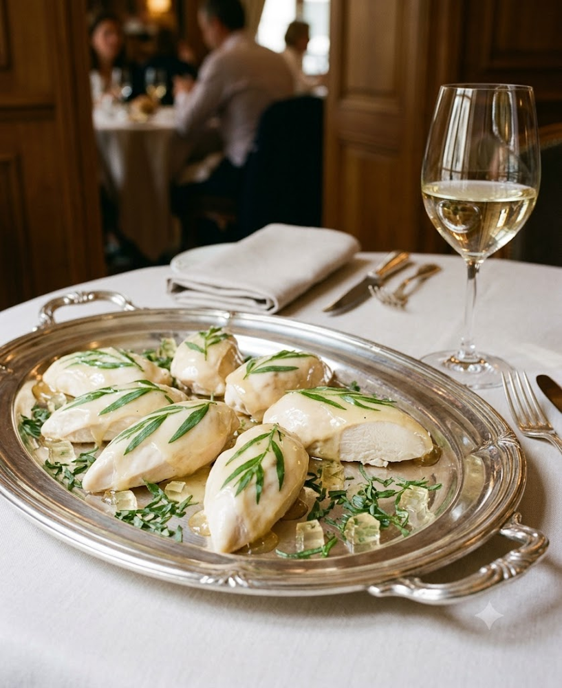 Recette de suprêmes de volaille en chaud-froid blanc « Jeannette », décor en gelée, service froid