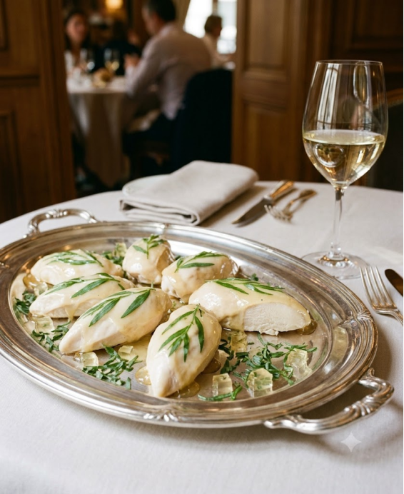 Recette de suprêmes de volaille en chaud-froid blanc « Jeannette », décor en gelée, service froid