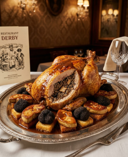 Recette de la Poularde Derby : volaille farcie au riz truffé et foie gras, poêlée