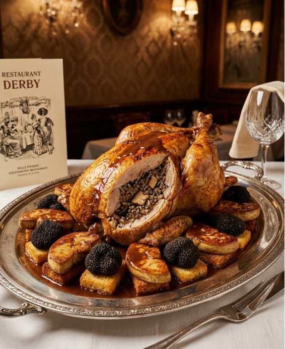 Recette de la Poularde Derby : volaille farcie au riz truffé et foie gras, poêlée
