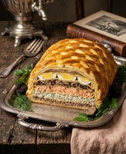 Recette du Coulibiac de saumon : koulibiak en couches de riz, vésiga, kacha et crêpes, scellé en pâte à brioche