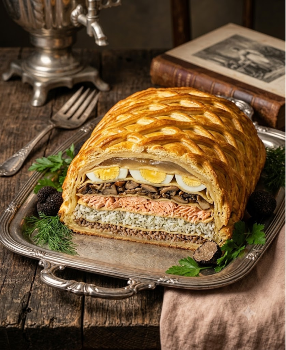 Recette du Coulibiac de saumon : koulibiak en couches de riz, vésiga, kacha et crêpes, scellé en pâte à brioche