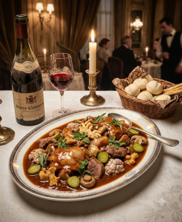 Recette de la Tête de veau en tortue : cuisson longue, sauce demi-glace tomatée aux herbes, crêtes de coq et cornichons