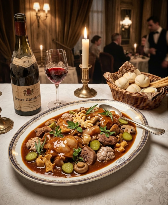 Recette de la Tête de veau en tortue : cuisson longue, sauce demi-glace tomatée aux herbes, crêtes de coq et cornichons