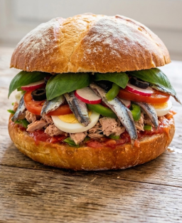Recette du pan bagnat niçois complet : pain rond à l'huile d'olive garni de salade niçoise traditionnelle