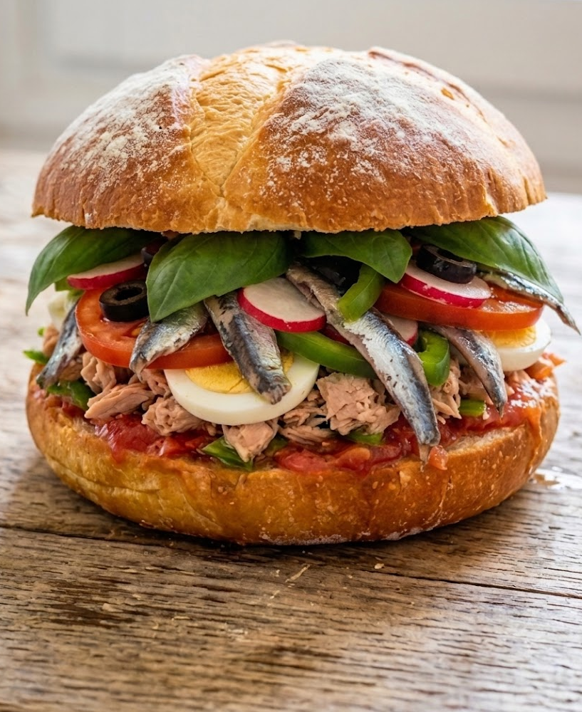 Recette du pan bagnat niçois complet : pain rond à l'huile d'olive garni de salade niçoise traditionnelle