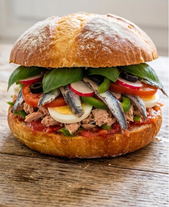 Recette du pan bagnat niçois complet : pain rond à l'huile d'olive garni de salade niçoise traditionnelle